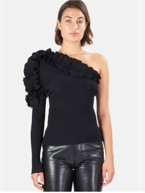 Zimmermann Black Ribbed One-Shoulder Sweater Top with Ruffle Edge. Size 3
